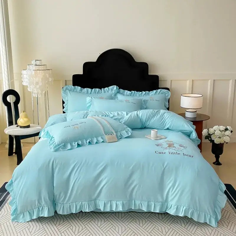 Light blue cotton ruffled bed skirt set with embroidered cute little bear design for bedroom bedding