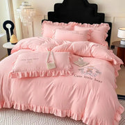 Pink embroidered bear cotton bed skirt set with ruffled satin-like fabric and cute little bear design