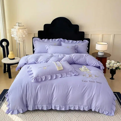 Lavender cotton bed skirt set with ruffled edges and embroidered cute little bear design for bedroom bedding