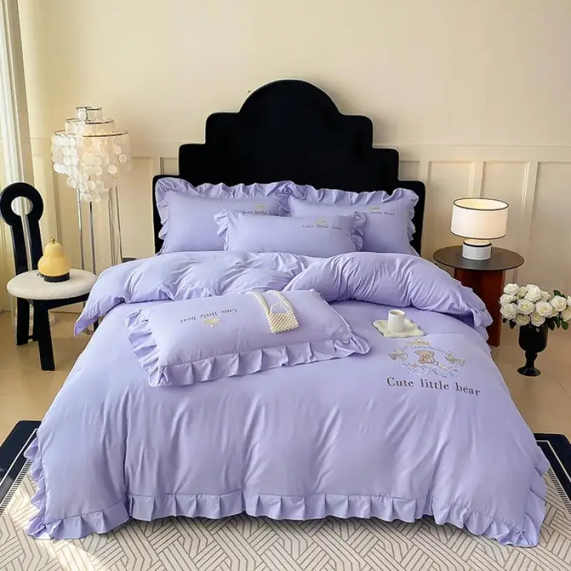 Lavender cotton bed skirt set with ruffled edges and embroidered cute little bear design for bedroom bedding