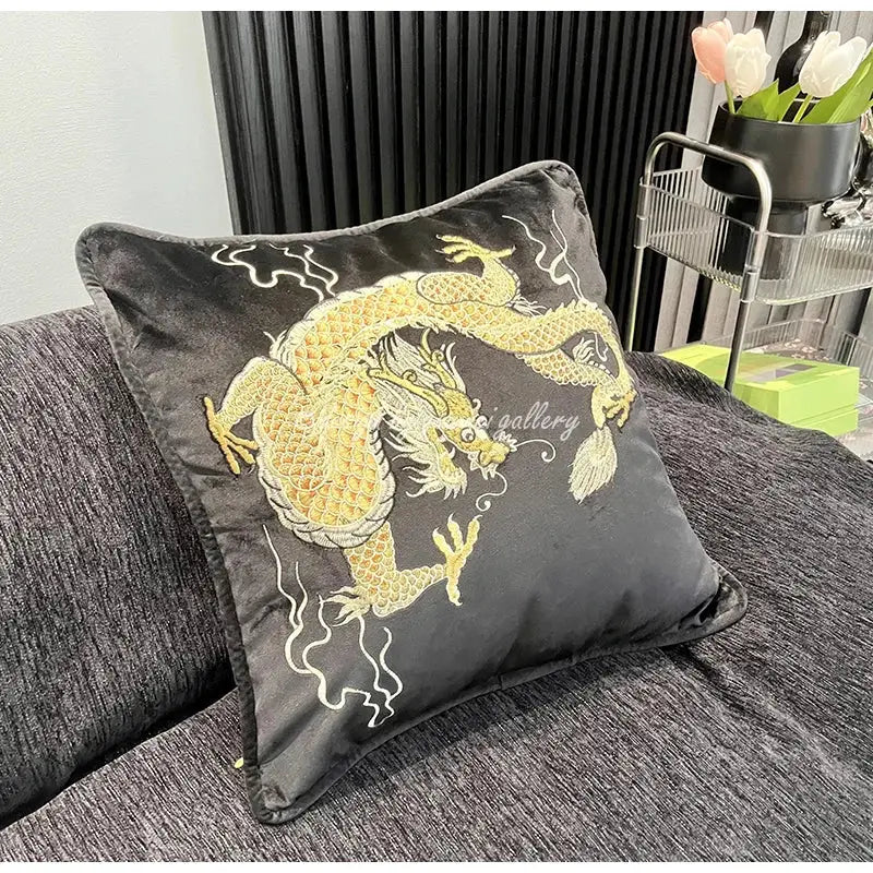 Luxurious black velvet dragon velvet pillow cover with intricate golden embroidery for living room decorbites decor