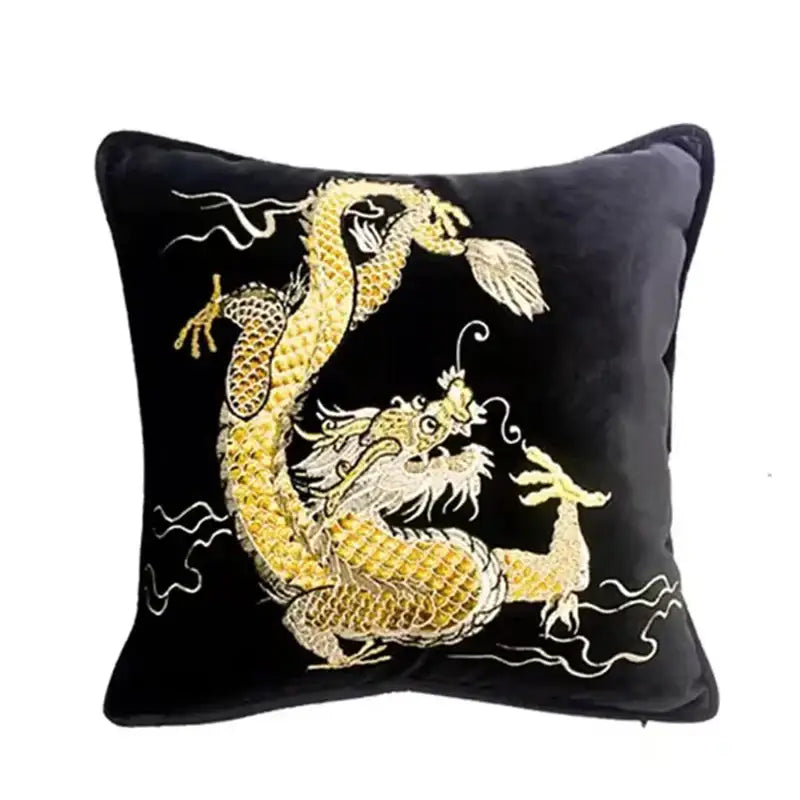 Black velvet dragon velvet pillow cover with intricately embroidered golden and white dragon for living room decorbites decor