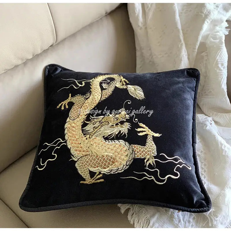 Black velvet dragon velvet pillow cover with intricately embroidered golden dragon for living room decorbites decor