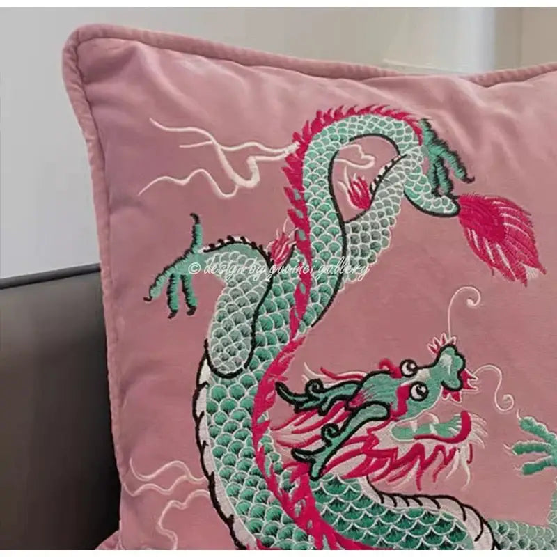Pink velvet pillow cover with intricately embroidered green and pink dragon design for decorbites dragon velvet pillow