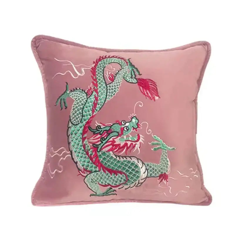 Pink embroidered dragon velvet pillow cover with green and red dragon design for living room decorbites dragon velvet pillow