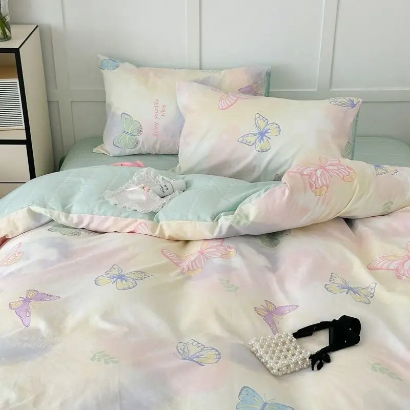 Pink Floral Bedding Set - Queen Size - 04 / Queen 4pcs 200x230cm / Flat Bed Sheet