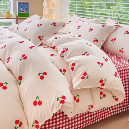 Pink Floral Bedding Set - Queen Size - 08 / Twin 4pcs 150x200cm / Flat Bed Sheet
