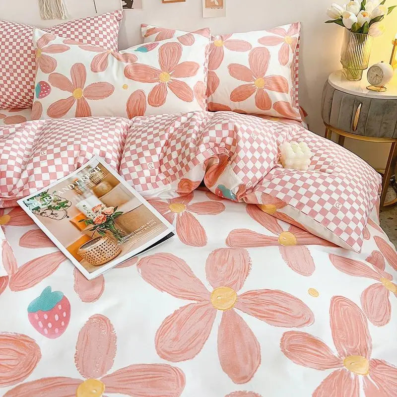 Pink Floral Bedding Set - Queen Size - 12 / Twin 4pcs 150x200cm / Flat Bed Sheet