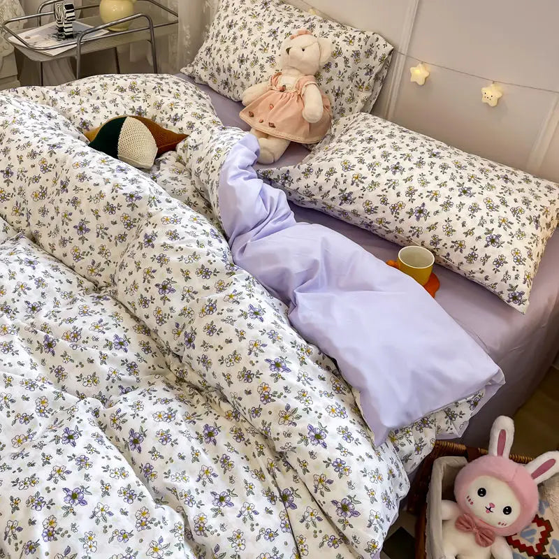 Pink Floral Bedding Set - Queen Size - 15 / Full 4pcs 180x220cm / Flat Bed Sheet