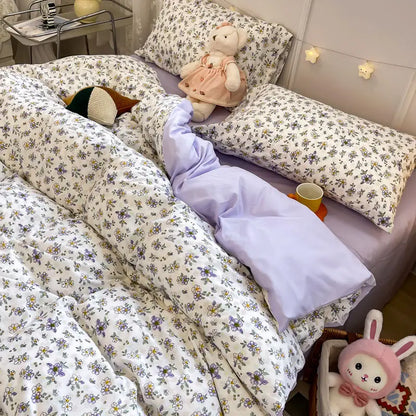 Pink Floral Bedding Set - Queen Size - 15 / Full 4pcs 180x220cm / Flat Bed Sheet