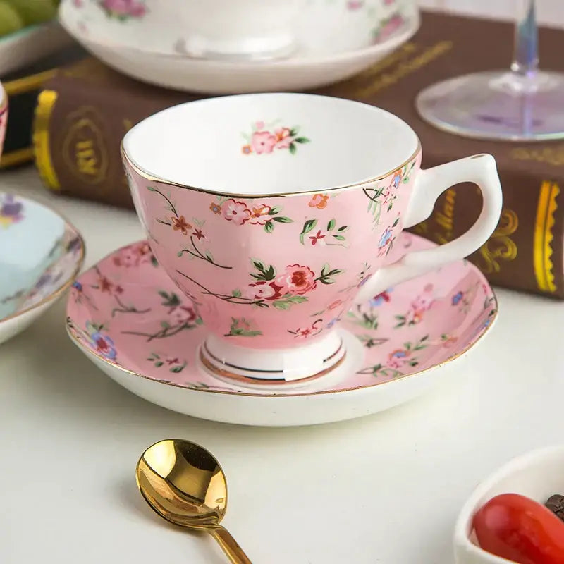 Pink floral bone china flower tea cup set with gold trim and matching saucer for phnom penh afternoon dining room use