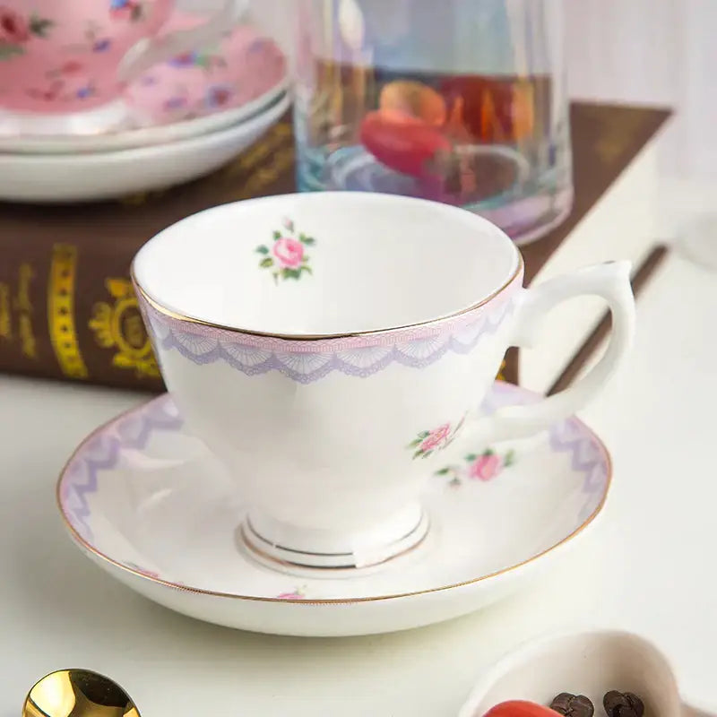 A delicate white porcelain flower tea cup set with gold rim and pink floral design for phnom penh afternoon use