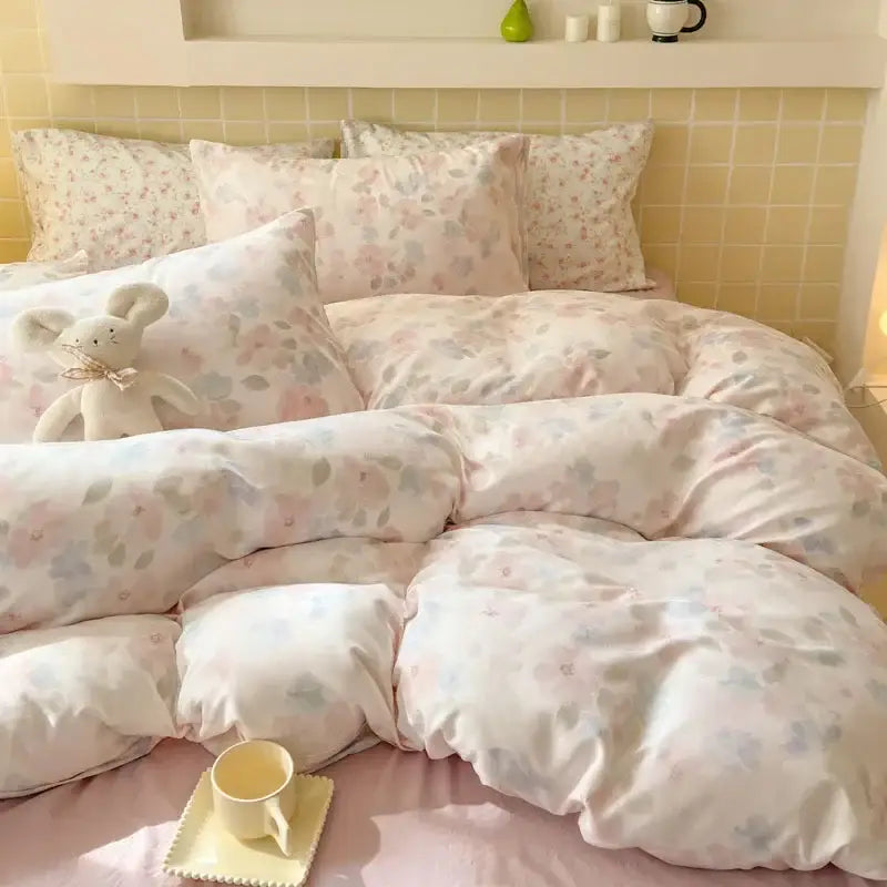 Pastel floral pink floral double layer yarn bedspread set with soft cotton-like fabric and blossoms on off-white background