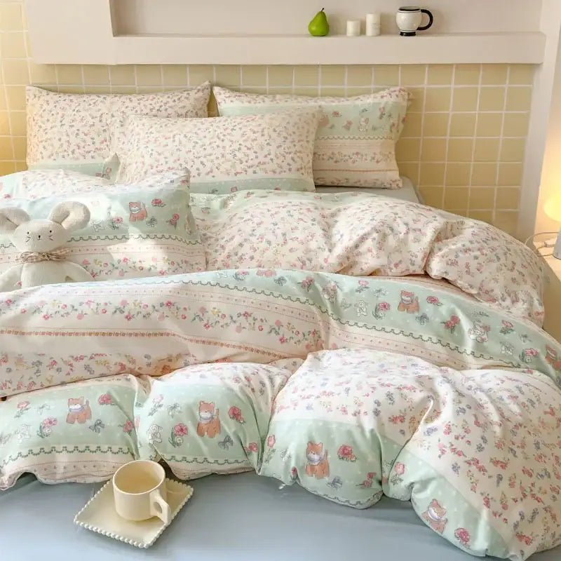 Pastel green and cream floral double layer yarn bedspread set with cute cartoon cat designs for bedroom bedding