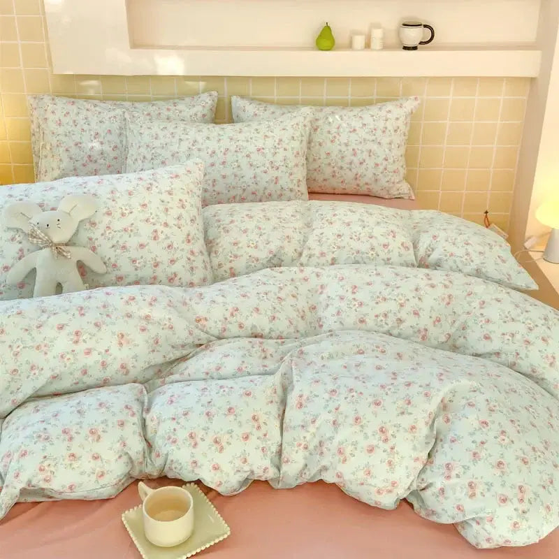 Pastel blue pink floral double layer yarn bedspread set with delicate blossoms on soft textured fabric for bedroom bedding