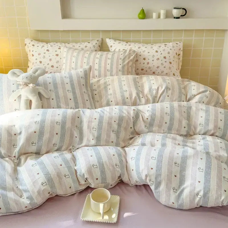 Soft pastel striped double layer yarn bedspread set with heart and crown patterns in blue cream and beige tones