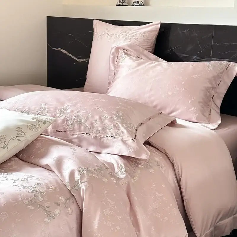 Pink floral egyptian cotton bedding set with delicate embroidery in muted tones decorbites jacquard 100s fabric