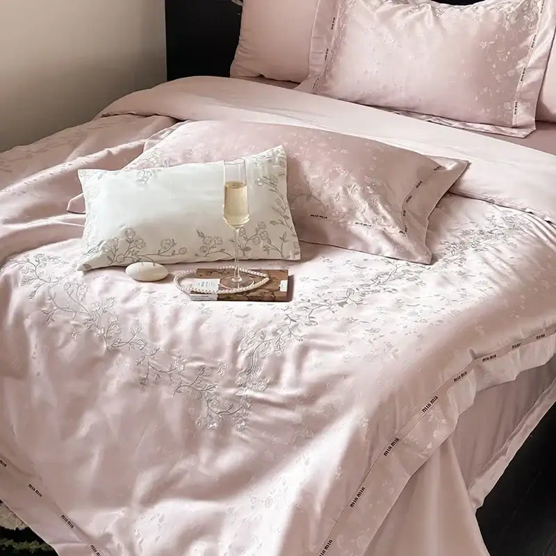 Pink satin egyptian cotton bedding set with delicate silver floral embroidery decorbites jacquard 100s for bedroom decor