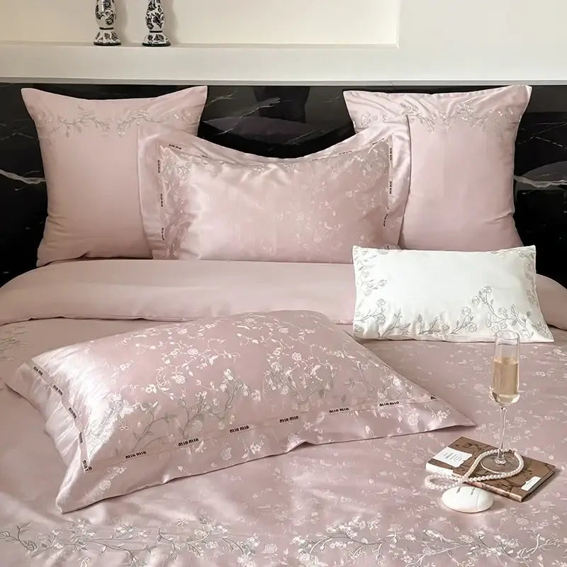 Set of elegant pink satin pillowcases with silver floral embroidery from decorbites jacquard 100s egyptian cotton bedding set