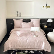 Pink satin bedding set with subtle floral embroidery made from egyptian cotton decorbites jacquard 100s fabric
