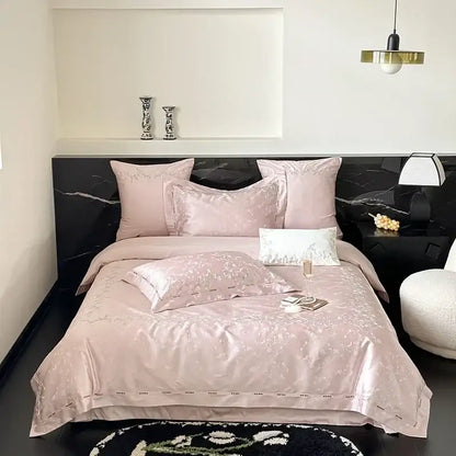 Pink satin bedding set with subtle floral embroidery made from egyptian cotton decorbites jacquard 100s fabric