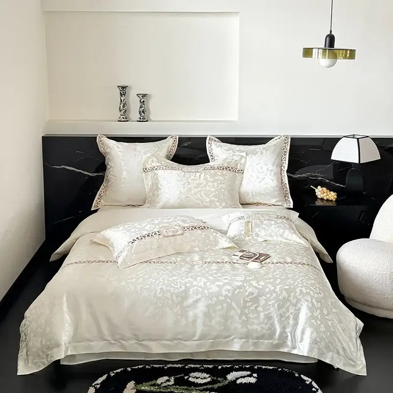 Elegant ivory satin egyptian cotton bedding set with silver lace trim and floral pattern decorbites jacquard 100s