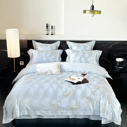 Light blue satin duvet cover set with gold feather embroidery paired with pink floral egyptian cotton bedding set decorbites jacquard 100s