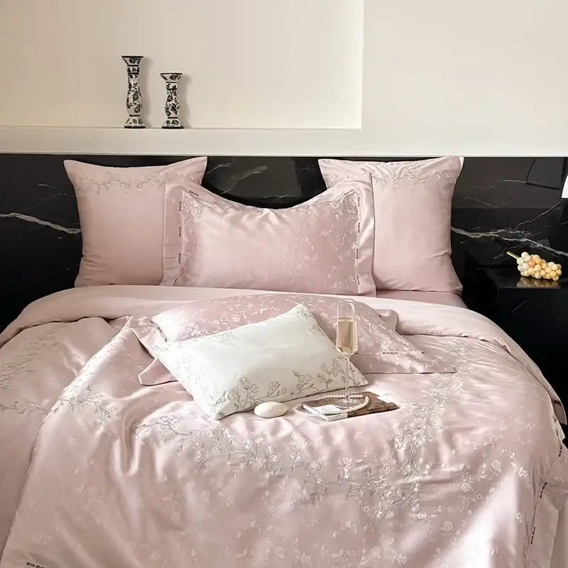 Pink satin egyptian cotton bedding set with delicate floral embroidery decorbites jacquard 100s for bedroom decor