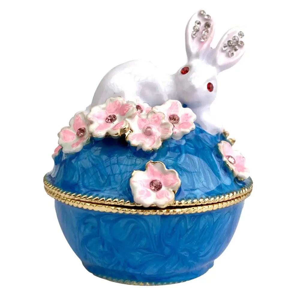 Blue enamel jewelry trinket box with a rhinestone white rabbit and pink floral heart for bedroom storage case