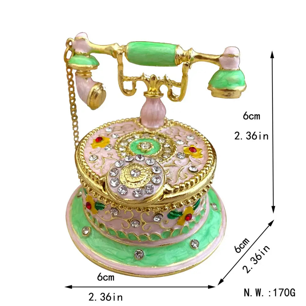 Pink floral heart jewelry trinket box storage case shaped like a vintage telephone with enamel and crystal accents