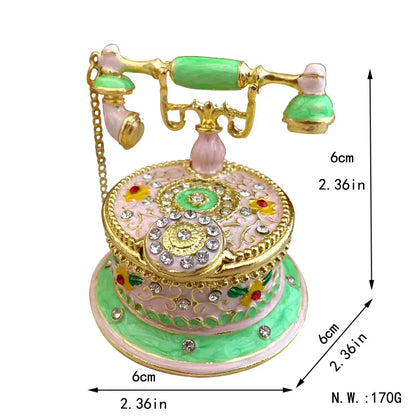 Pink floral heart jewelry trinket box storage case shaped like a vintage telephone with enamel and crystal accents