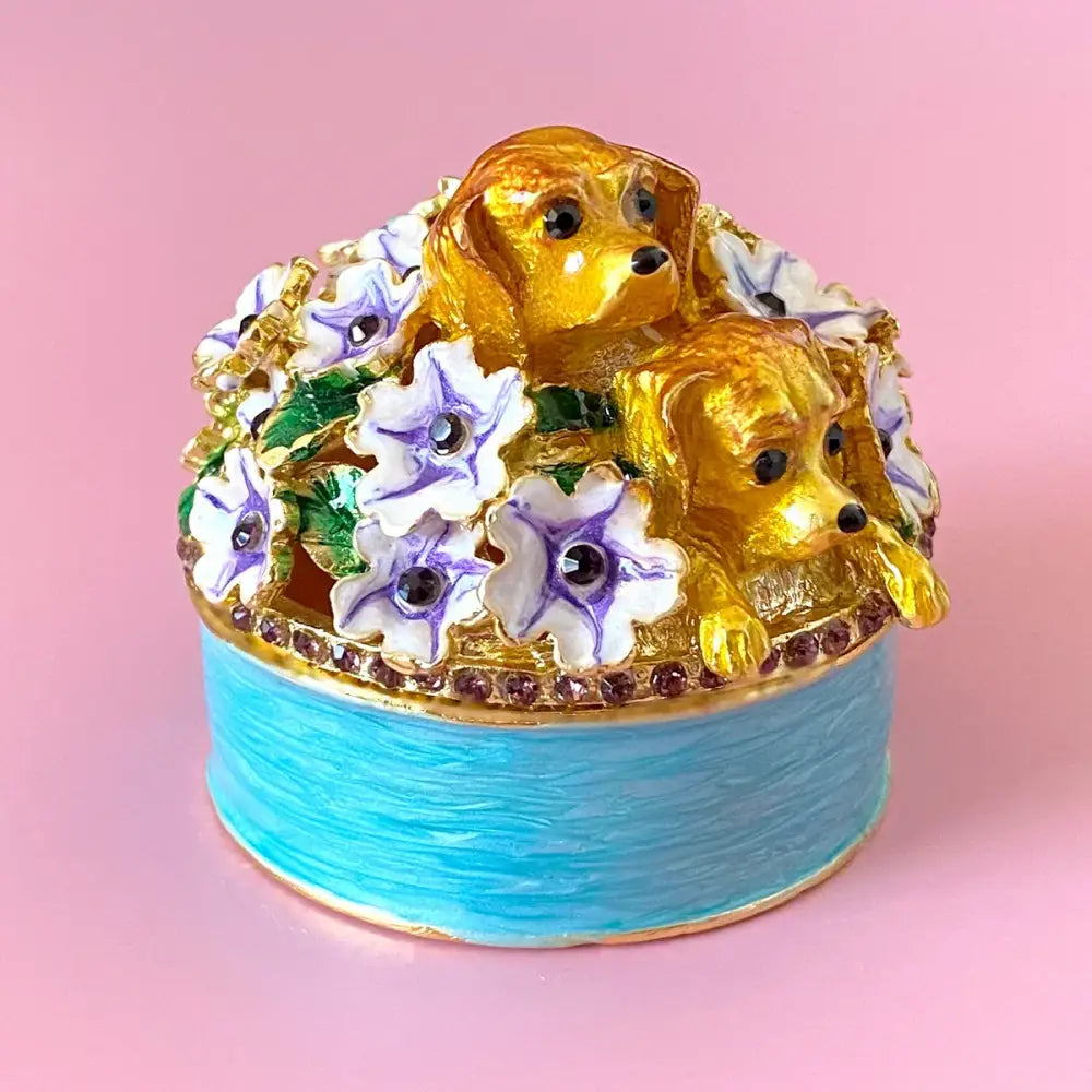 Turquoise enamel jewelry trinket box with golden puppy figurines and floral accents storage case for bedroom use