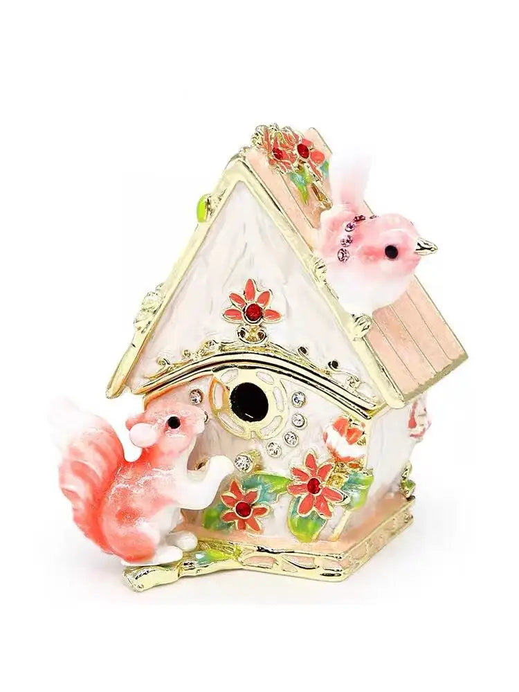 Pink floral heart jewelry trinket box storage case with delicate pink and white enamel and gold trim embellishments