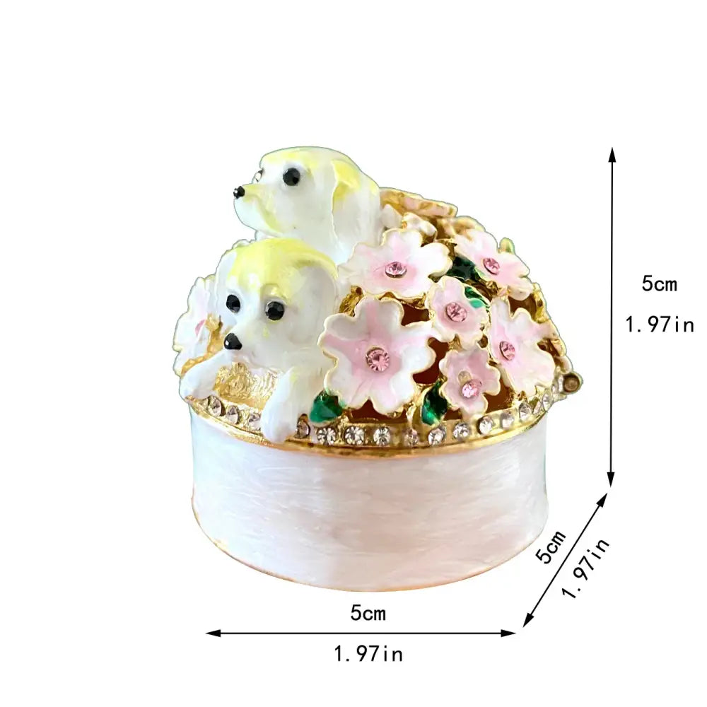 White enamel jewelry trinket box with pink floral heart design, yellow puppy accents, and rhinestone golden rim storage case