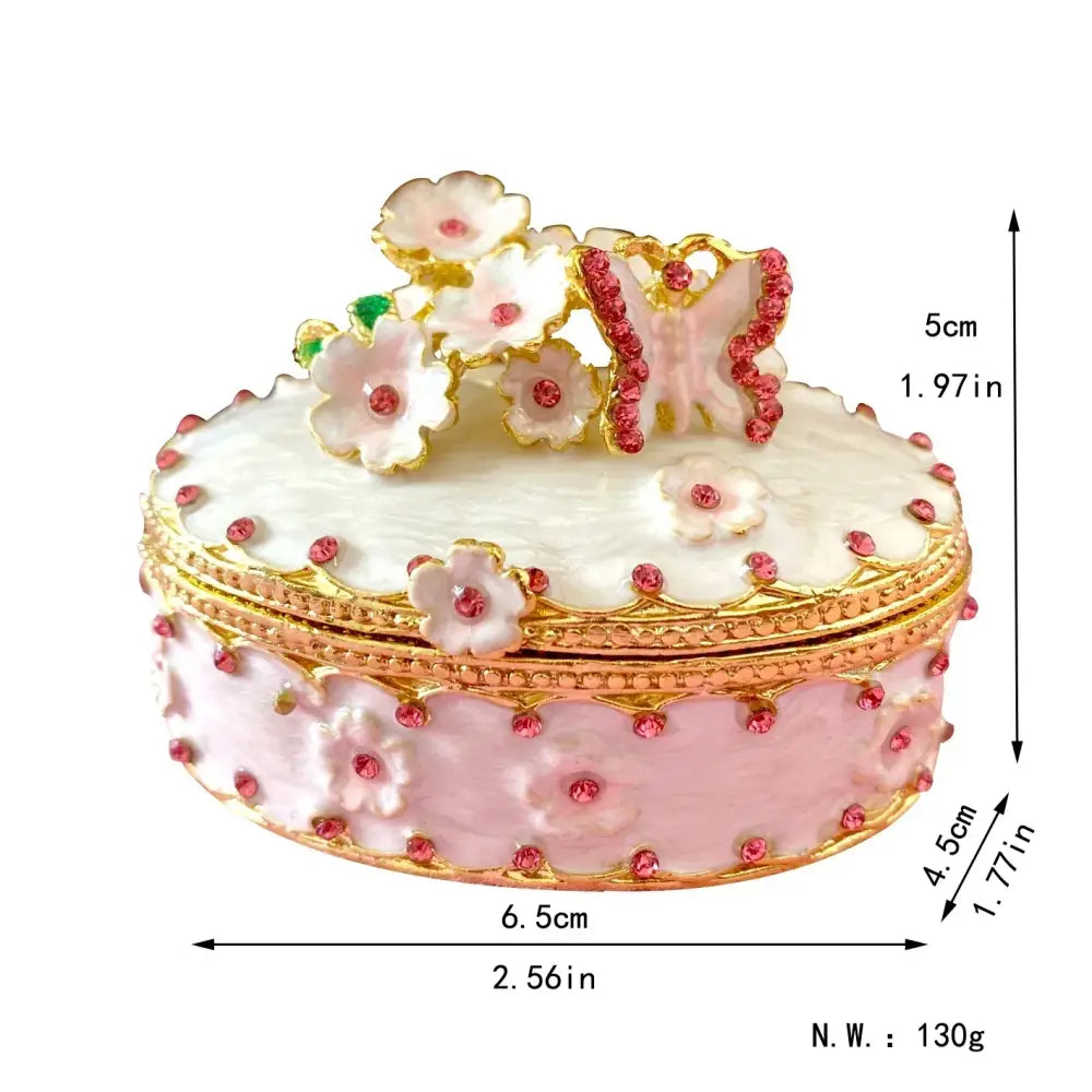 Delicate pink and white enamel jewelry trinket box with gold trim and red rhinestones storage case for bedroom use
