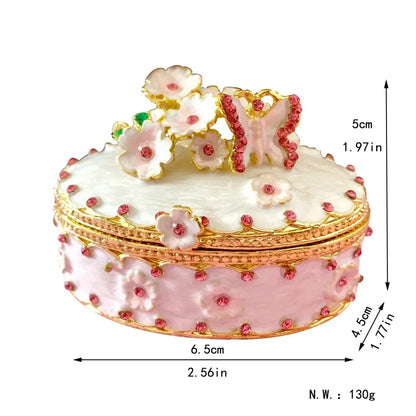 Delicate pink and white enamel jewelry trinket box with gold trim and red rhinestones storage case for bedroom use