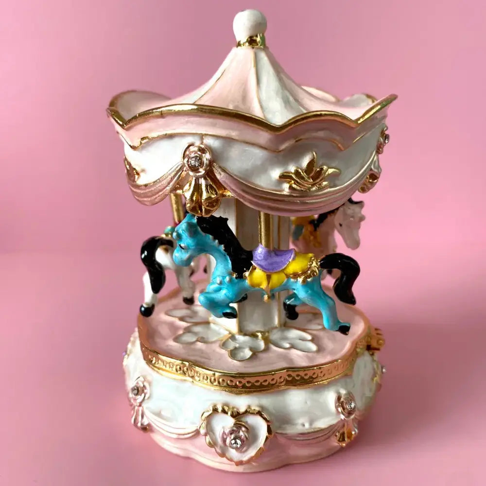 Delicate pink floral heart jewelry trinket box storage case with a gold carousel and turquoise horse decoration