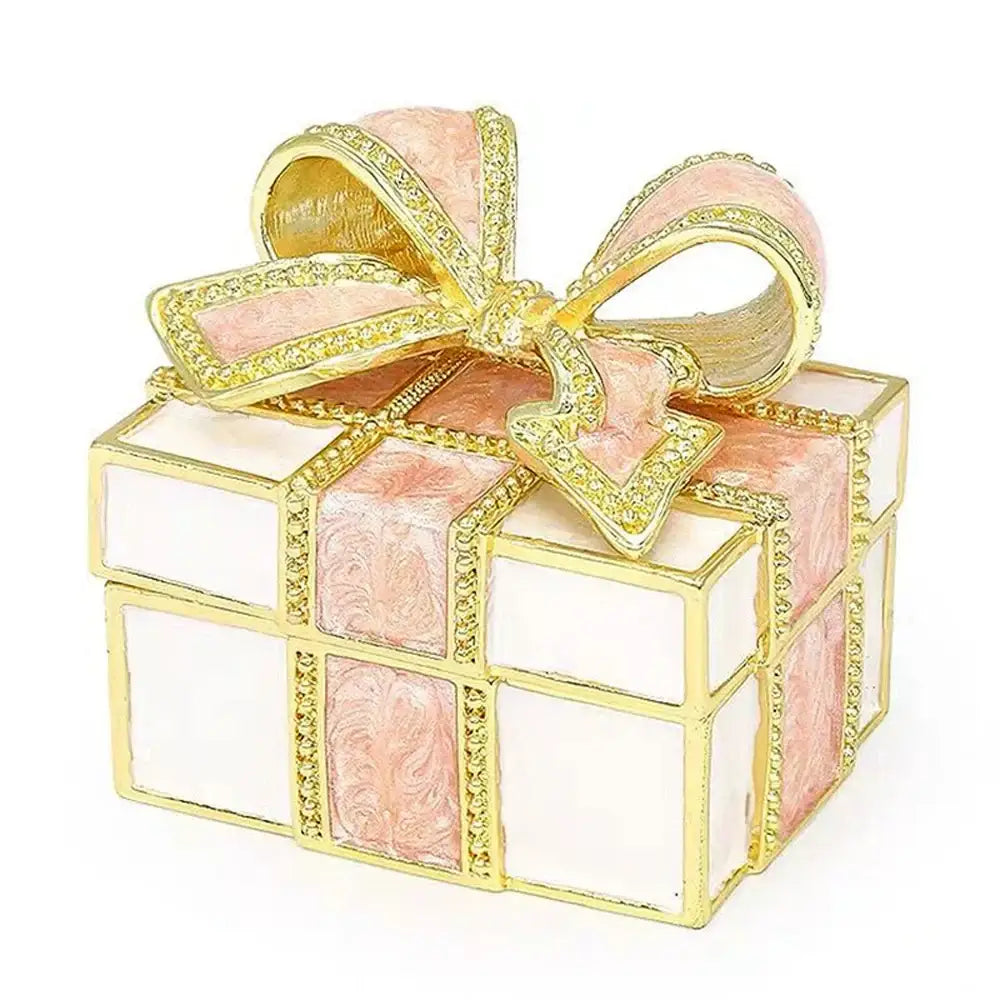 Delicate pink and white jewelry trinket box with gold-trimmed bow and rhinestones storage case for bedroom use