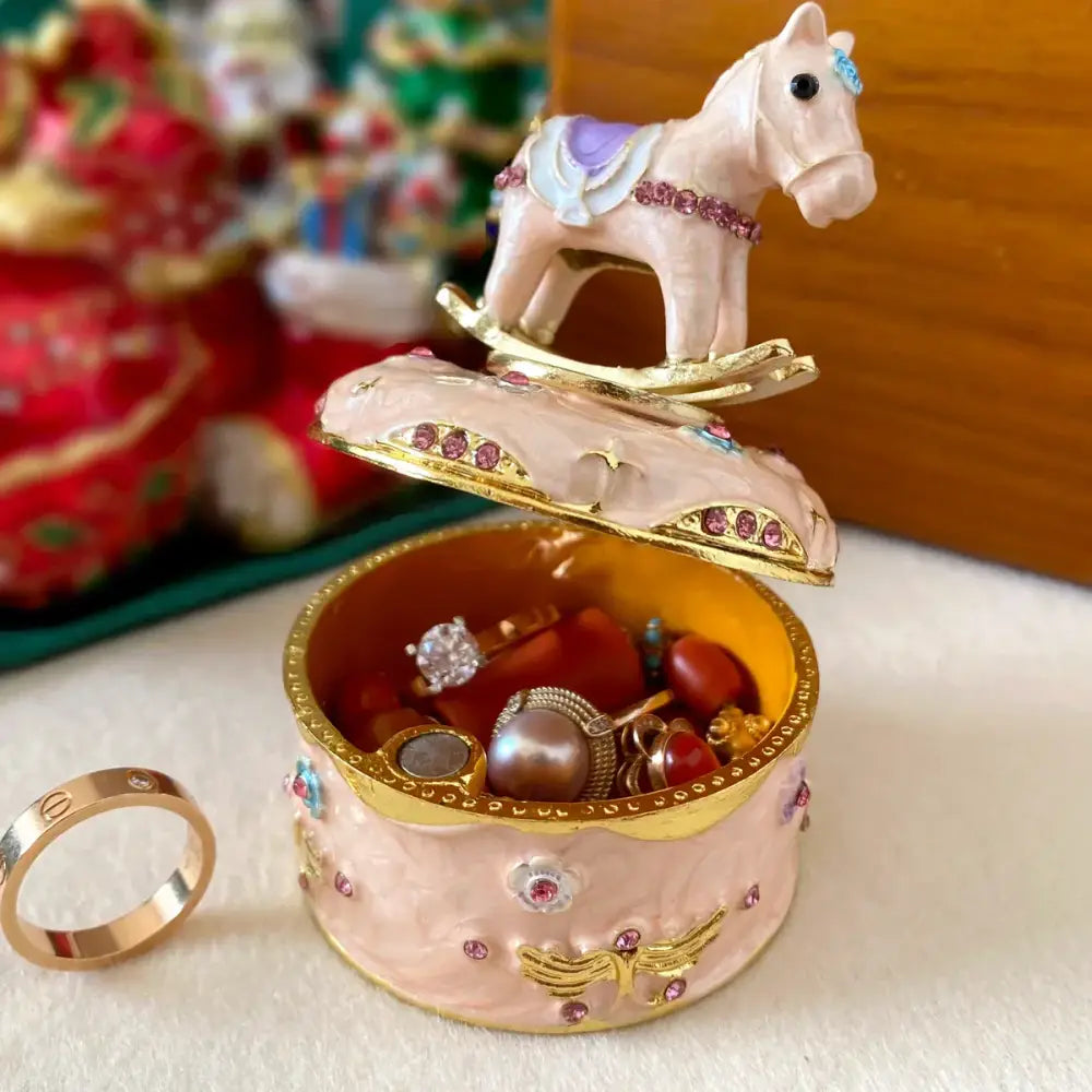 Pink enamel rocking horse jewelry trinket box with gold trim and pink rhinestones storage case for bedroom use