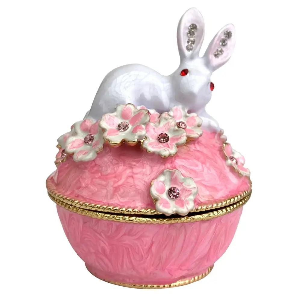 Pink floral heart jewelry trinket box storage case with pink enamel and rhinestone white rabbit figurine ornament