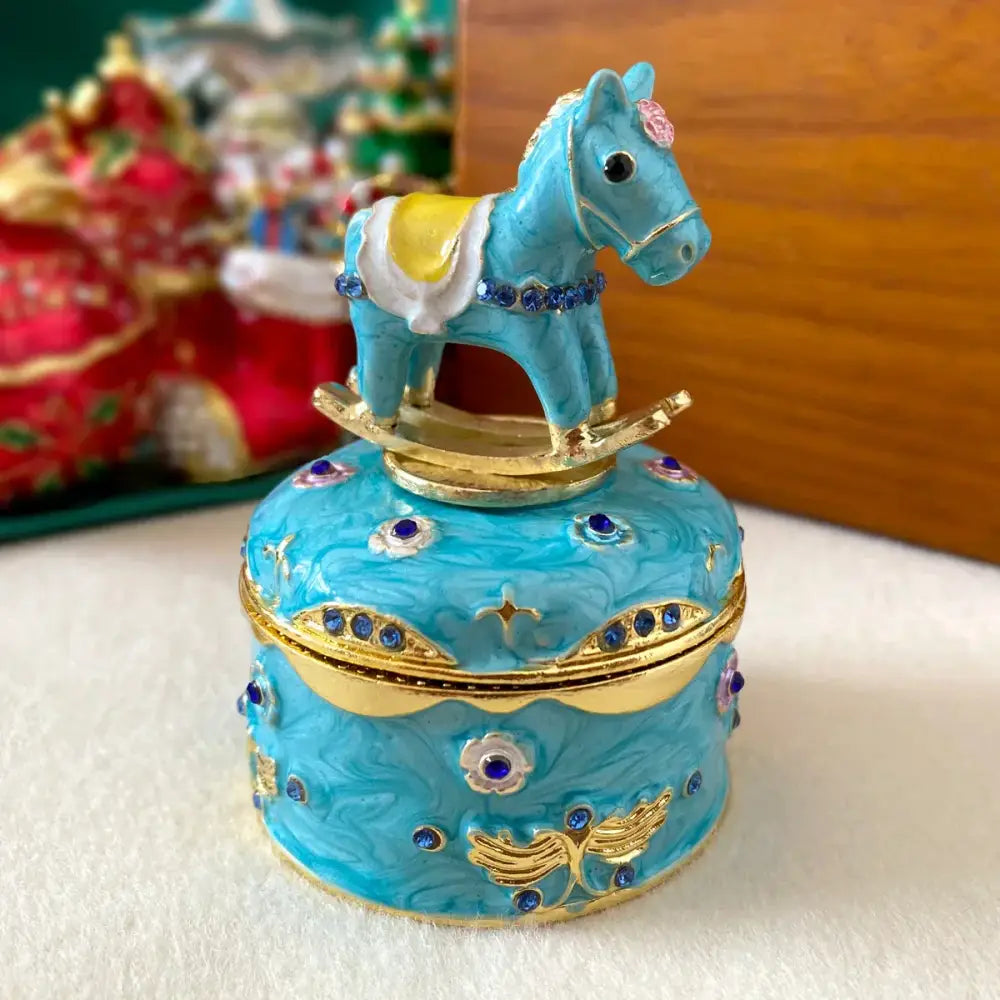 Turquoise enamel rocking horse jewelry trinket box with gold trim and blue rhinestones storage case for bedroom