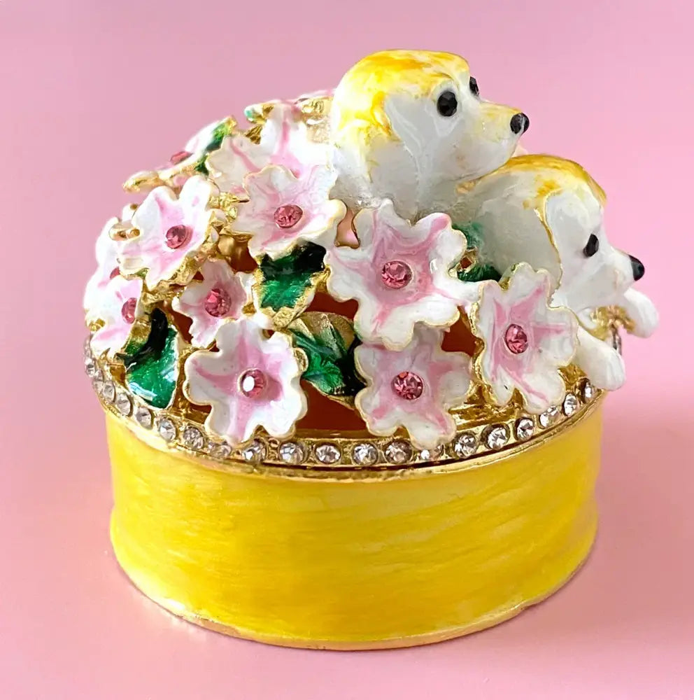 Yellow enamel jewelry trinket box storage case with pink floral heart design and white gold puppy figurines