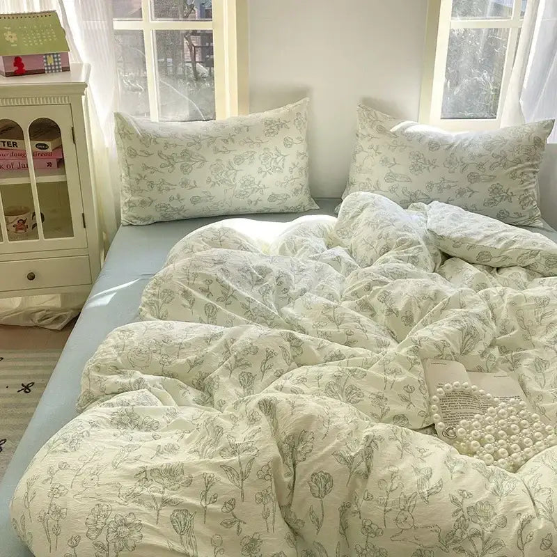 Soft cream-colored fitted sheet set with delicate green floral embroidery and soft textured yarn for bedroom use