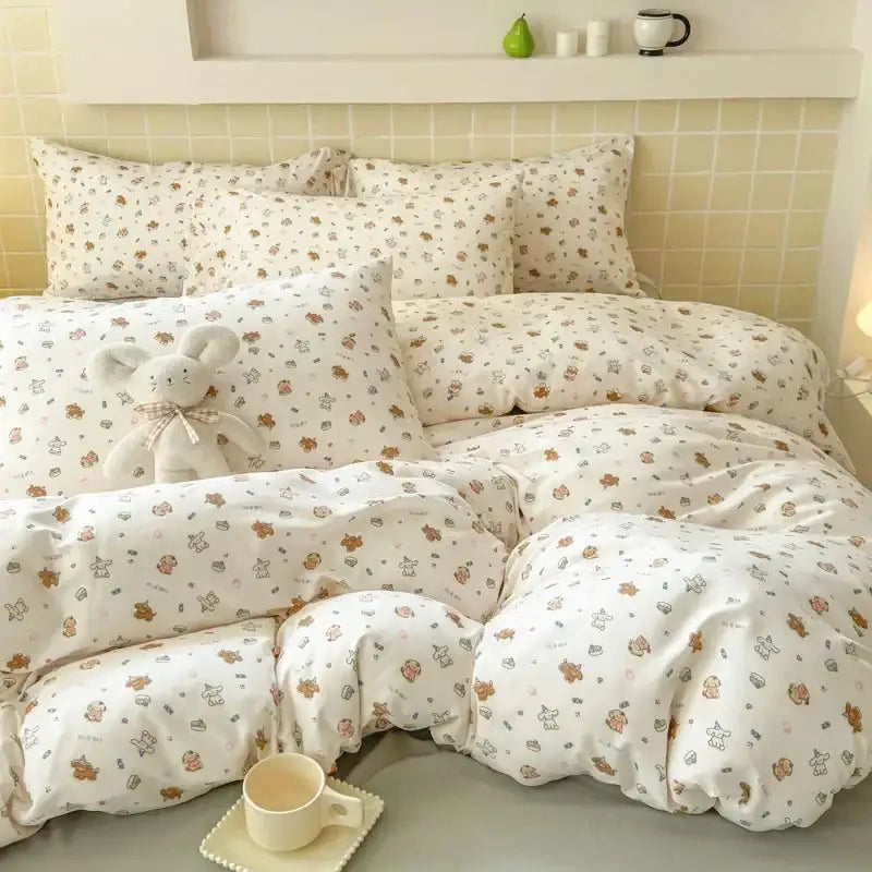 White fitted sheet set with soft cozy texture and brown teddy bear pattern for a comfortable bedroom setting