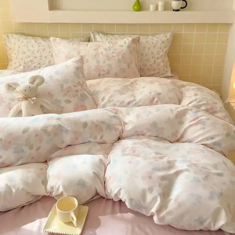 Pastel floral fitted sheet set with soft jacquard texture and pink blue green blossoms on white background
