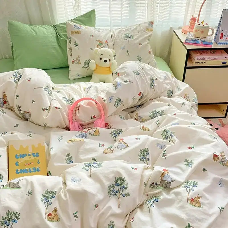 A cozy white cotton comforter set with a pastel rabbit tree and berry print decorbites cozy cartoon printed design