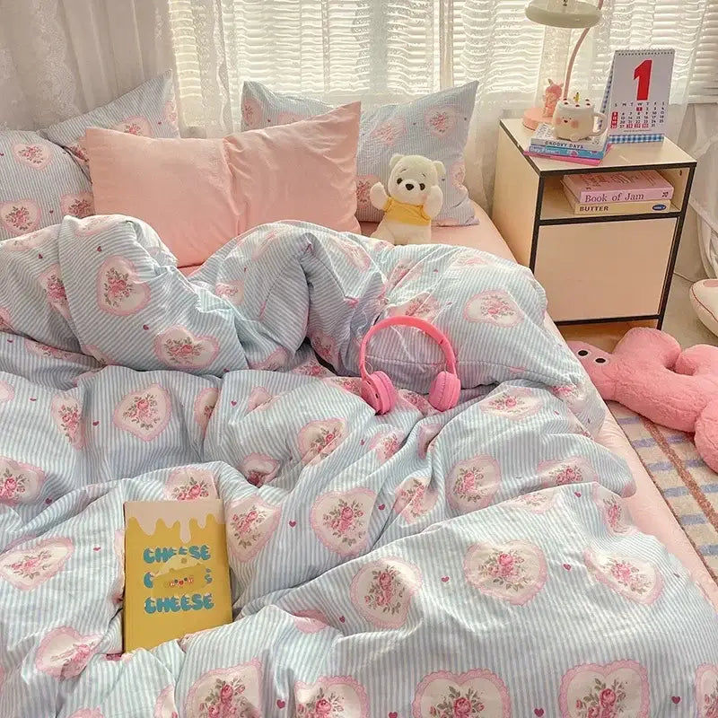 Pastel blue and pink floral heart-patterned cotton comforter set with light vertical stripes cozy cartoon printed decorbites cozy cartoon