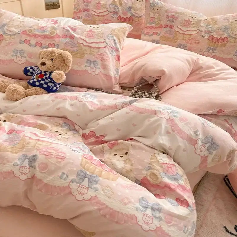 Pink floral lace cotton comforter set with white and pastel accents featuring decorbites cozy cartoon printed design