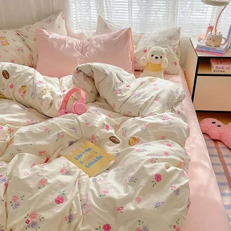 Floral-patterned cream cotton comforter set with pink roses cartoon bear motifs and cozy cartoon printed design