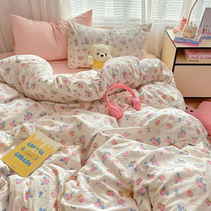 Pink floral lace cotton comforter set featuring a pink strawberry and butterfly pattern with decorbites cozy cartoon printed design